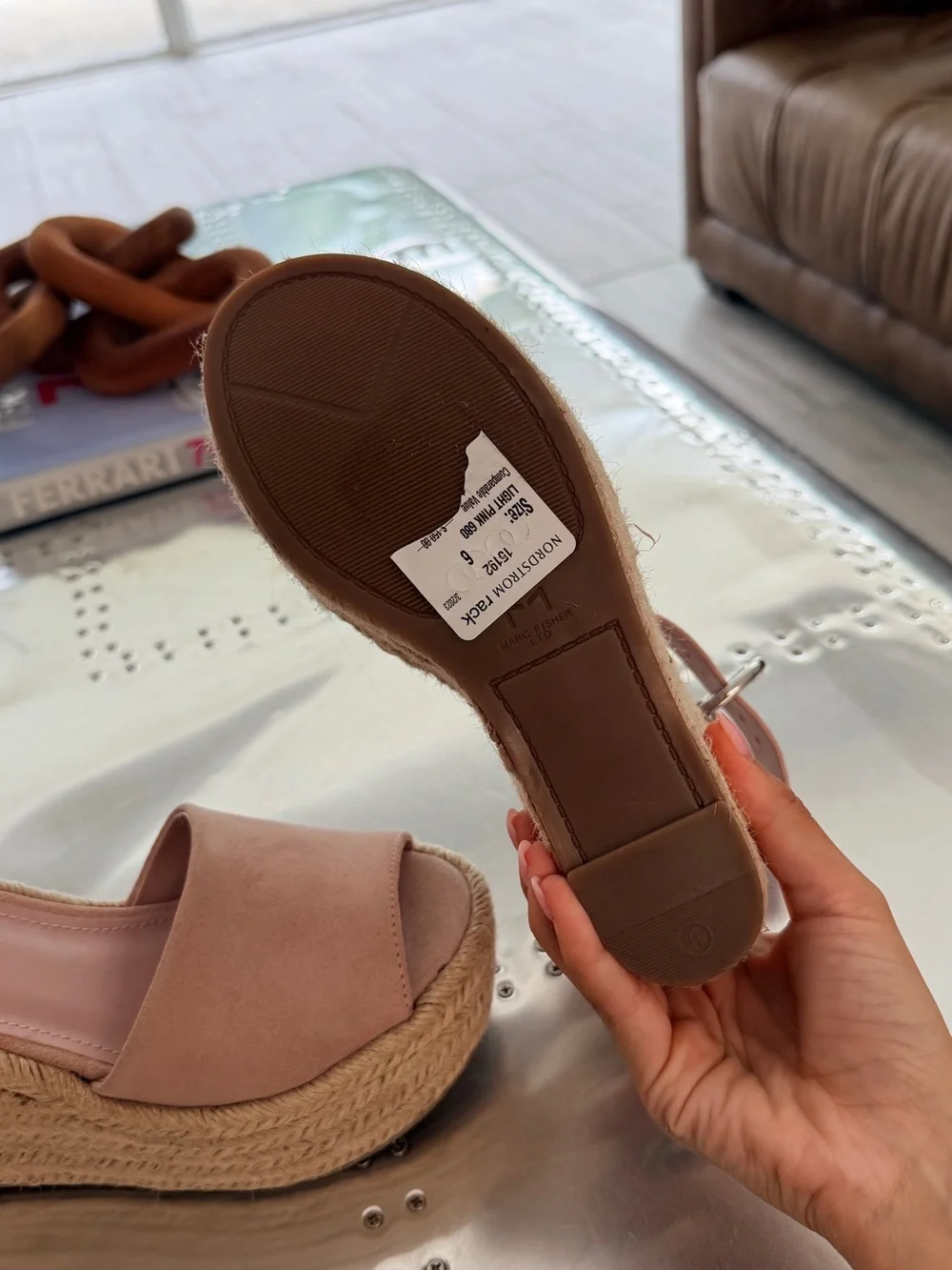 Marc Fisher Tan Espadrille Wedge Sandals with Ankle Buckle